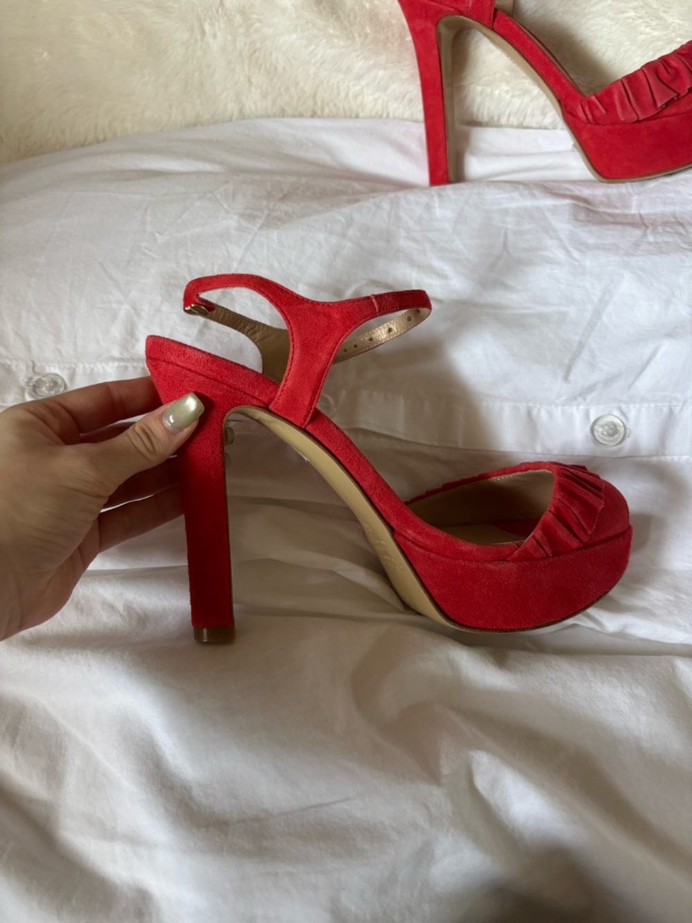 Coral Ruffle Platform Ankle-Strap Heels - Designer Style - Picture 4 of 4